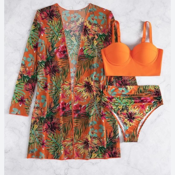 3pc swimsuit longline corset like top w/high hip rise thigh high bottoms&cover - Picture 3 of 5